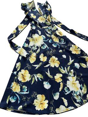 ASOS x (4) Boohoo Floral Print Tie Back Midi Skater Dress - Navy